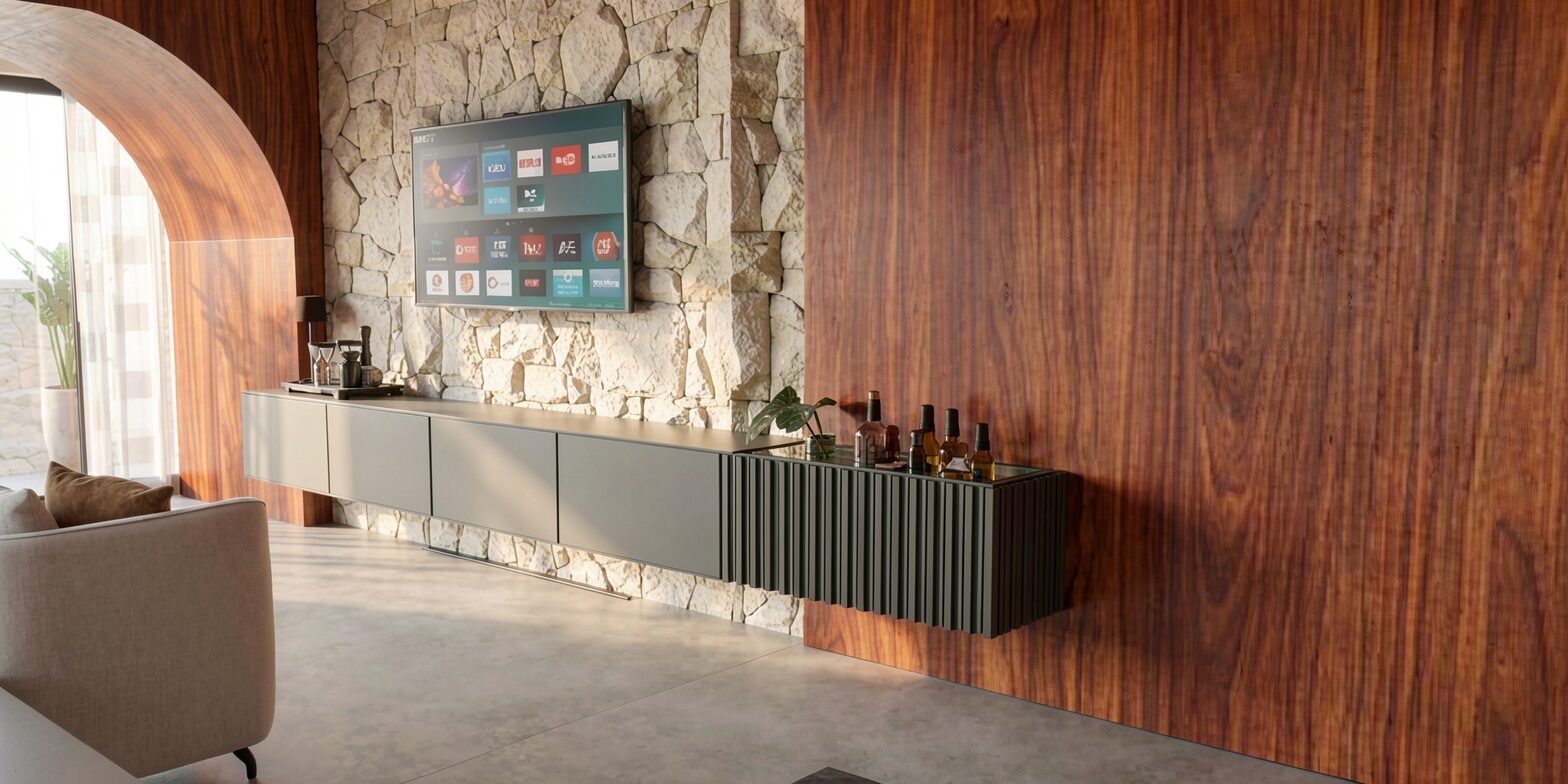 Parede em pedra natural e painel em madeira na sala