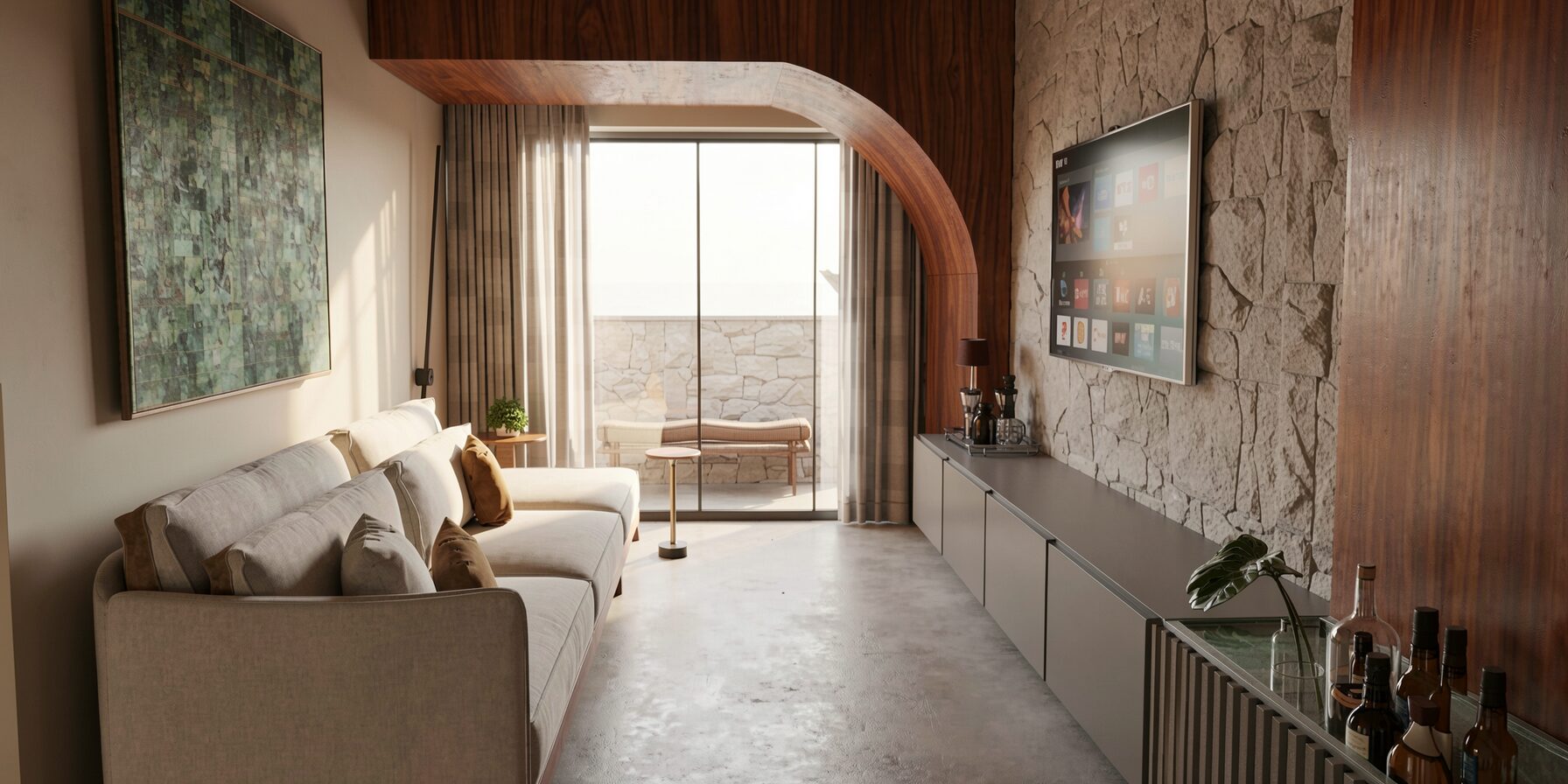Sala de estar com arco em madeira e janela ampla, projeto José Napoleão